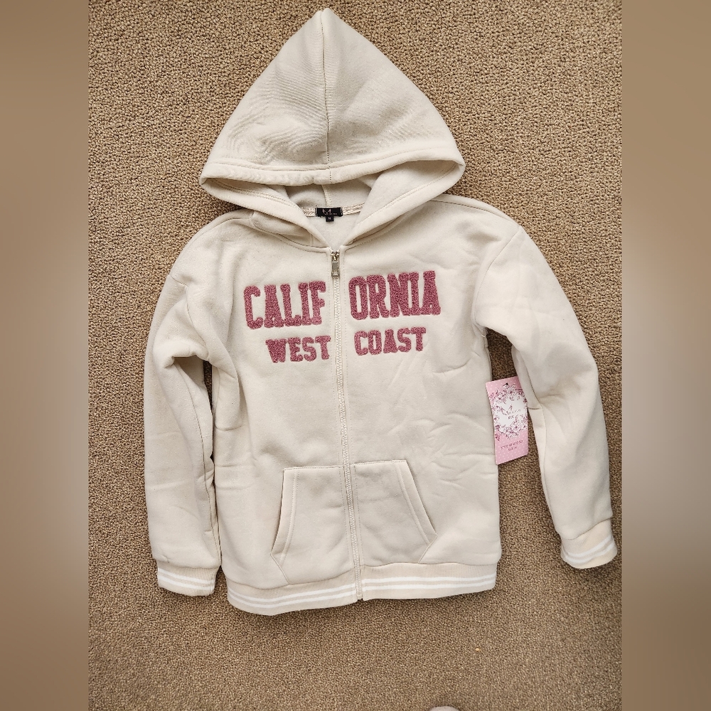 Kids Cream Zip-Up Hoodie with Pink 'California West Coast' Graphic